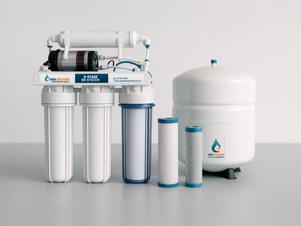 Aqua Industrial Solutions 5-stage under-counter RO system with pre-filters, membrane, and pressurised storage tank