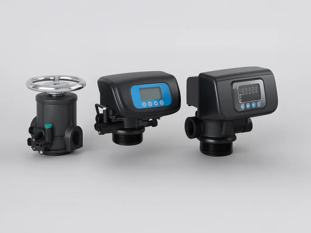 Aqua Industrial Solutions valves and controllers — manual multiport and electronic metered control valves with flow/meter assemblies.