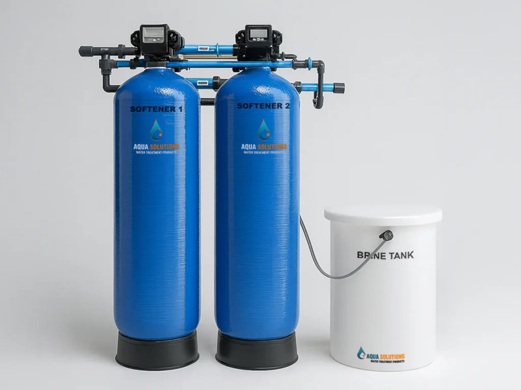 Aqua Industrial Solutions twin-alternating water softener with two blue FRP vessels, digital control valves, and a white brine tank.