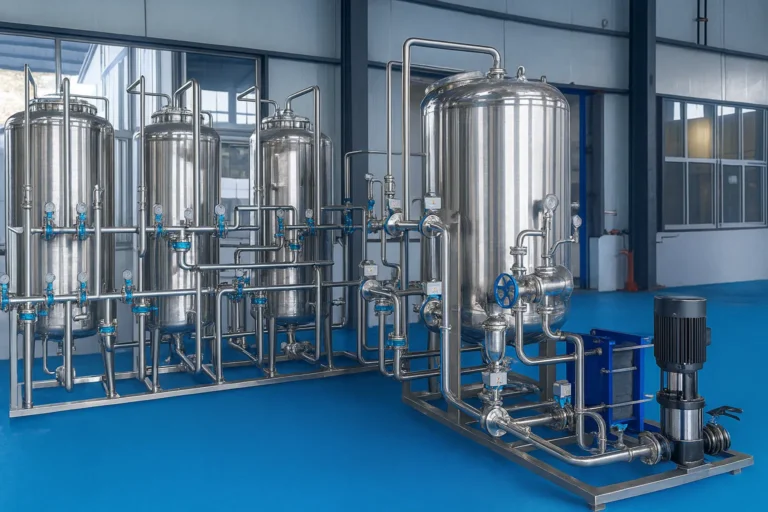 Stainless steel pharmaceutical water filtration system inside a clean industrial facility