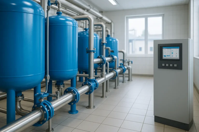 Indoor municipal water treatment plant with blue pressure vessels, stainless steel piping, and digital control system.