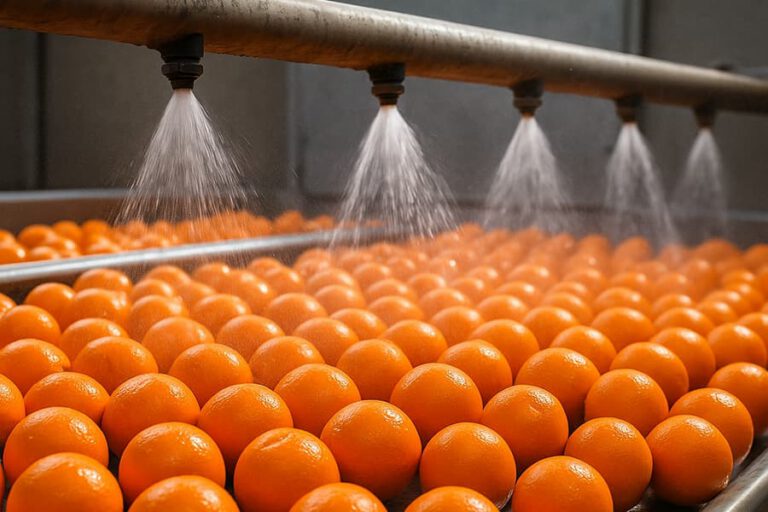 Oranges on a conveyor being washed with high-pressure spray nozzles in a food processing plant