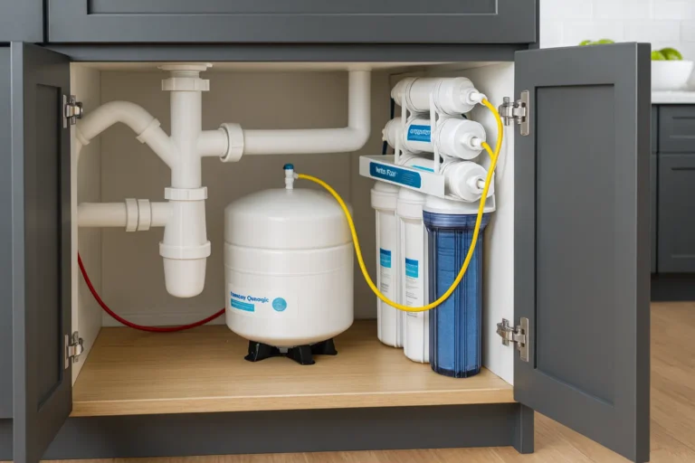 Under-counter reverse osmosis water filtration system installed beneath a kitchen sink.